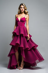 Dunkelviolettes Gestuftes Tüll Hochzeitsgastkleid mit Spaghettiträgern